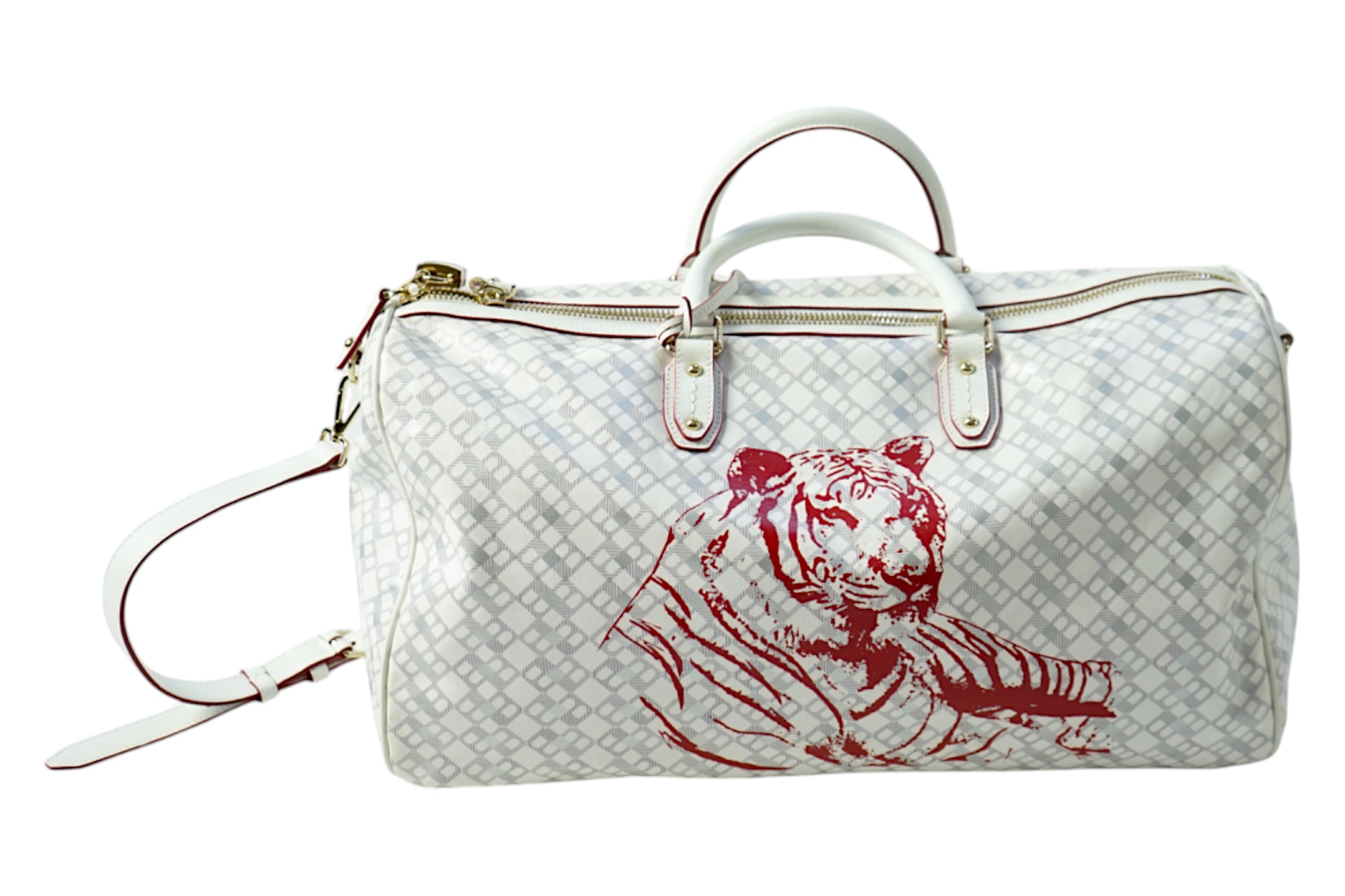 A large white monogram Bally weekend bag 'Berlinda' with red tiger detail